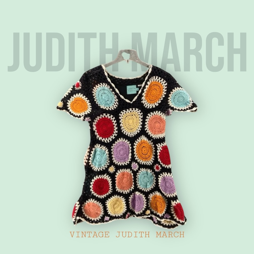 Judith March Black Multi-Color Circle Crochet Boho Festival Dress Large